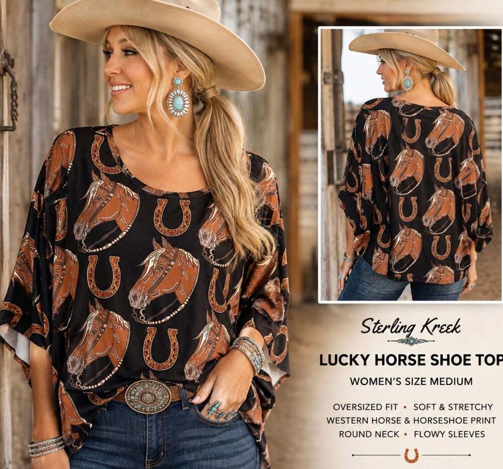 Sterling Kreek Lucky Horse Shoe Top Women M Black Western Horse Oversized Top